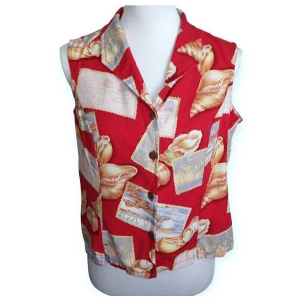 CARIBBEAN JOE RED SLEEVELESS BUTTON DOWN TOP SZ.LP EUC.